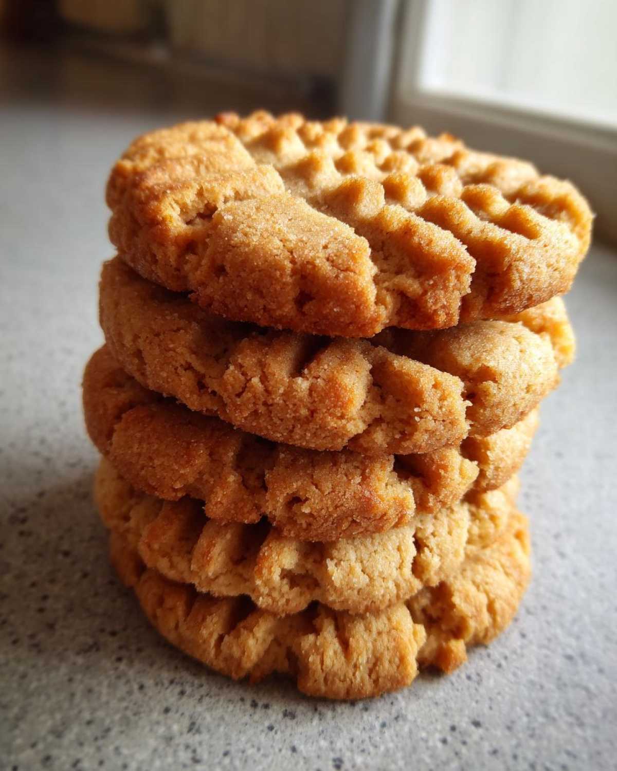 A close-up stack of four golden brown Easy Peanut Butter Cookies showing classic crosshatch fork marks.