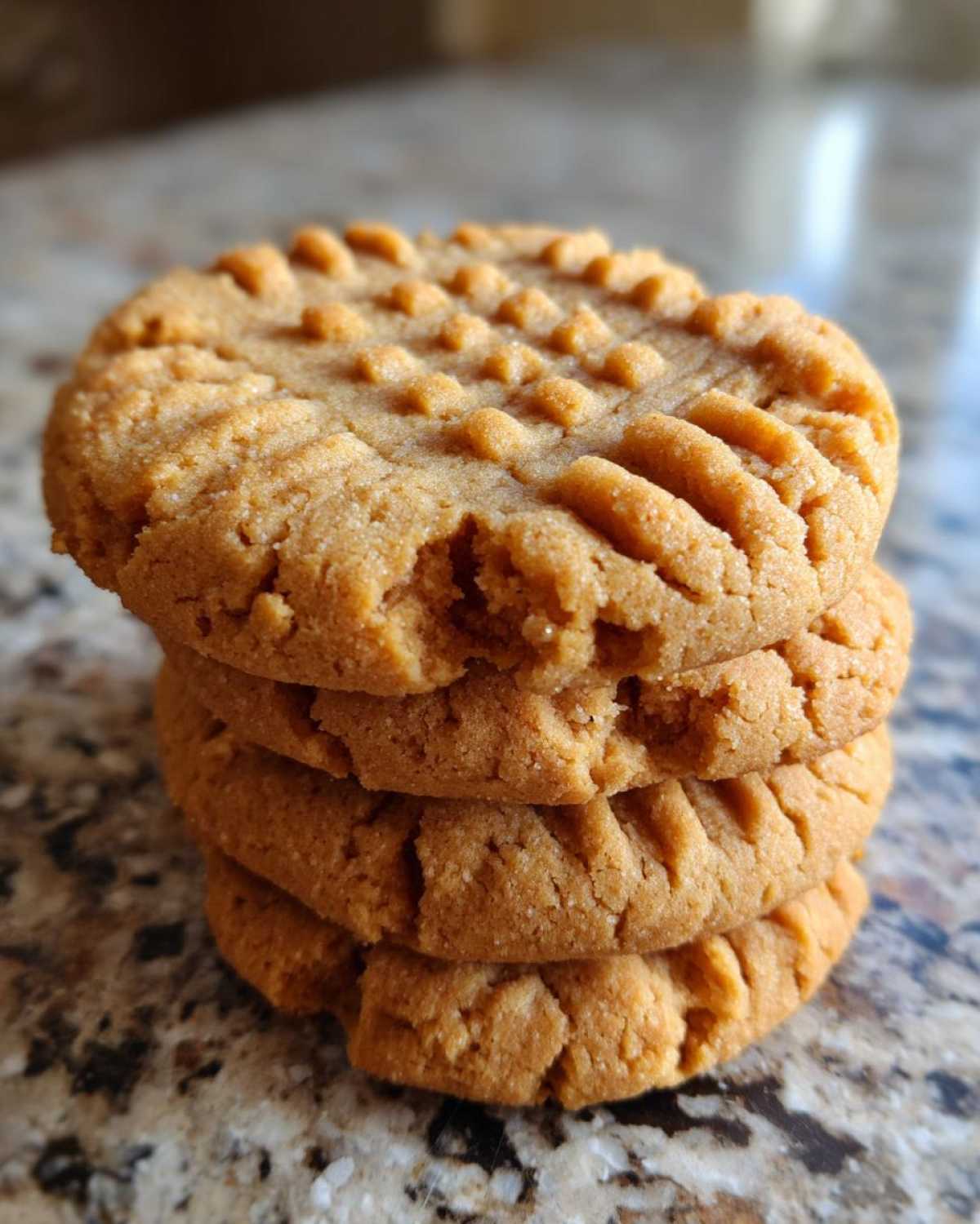 A close-up stack of four classic Easy Peanut Butter Cookies showing the traditional crisscross fork marks.