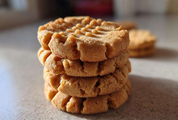 A close-up stack of four Easy Peanut Butter Cookies showing the classic crisscross fork marks.