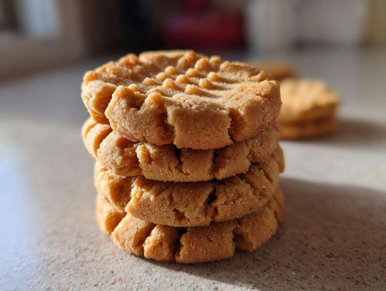 A close-up stack of four Easy Peanut Butter Cookies showing the classic crisscross fork marks.