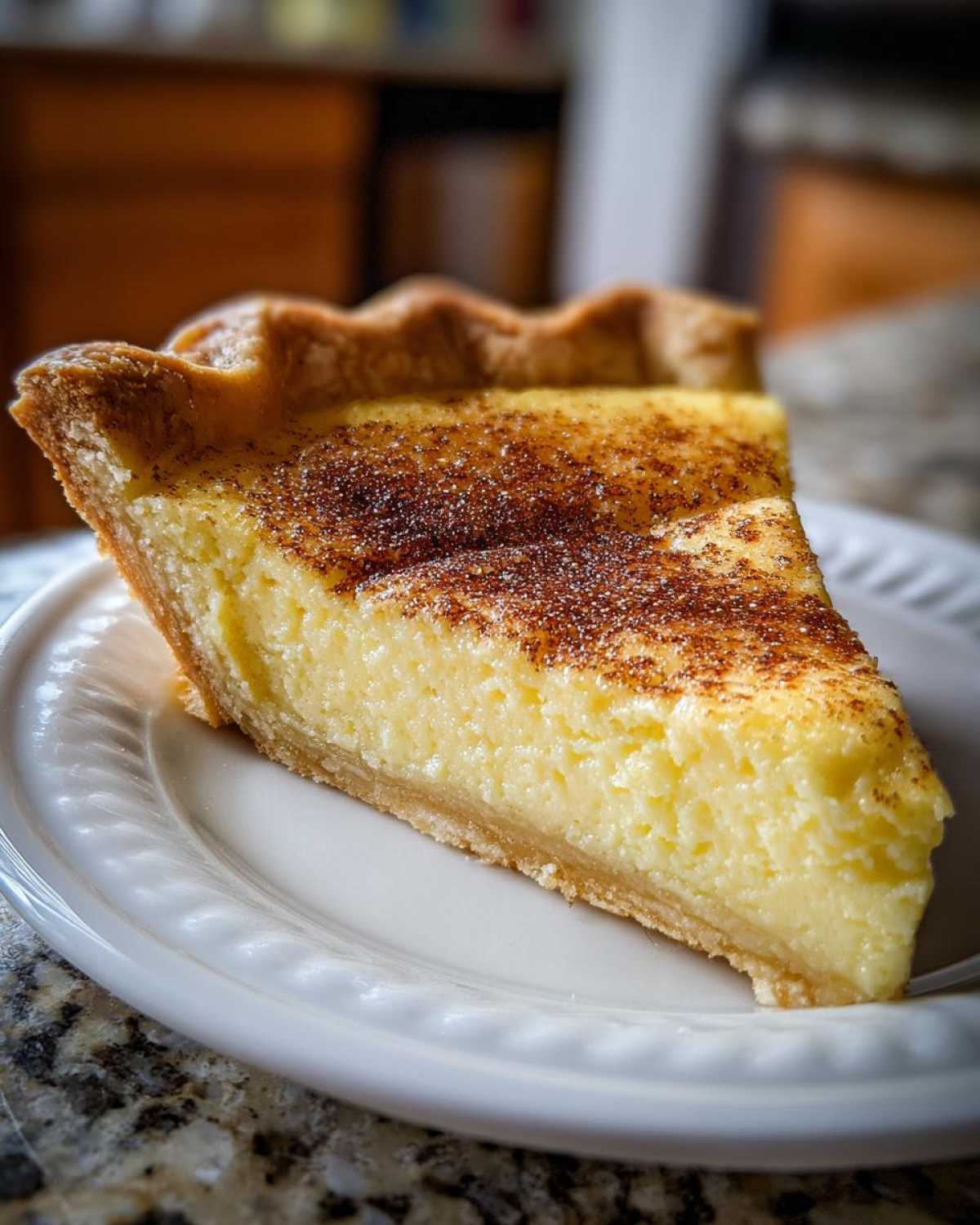 A close-up of a creamy slice of egg custard pie dusted with cinnamon on a white plate.