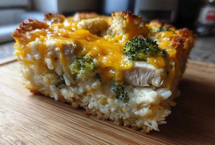 A close-up view of a hearty slice of chicken broccoli rice casserole topped with melted cheddar cheese and croutons.