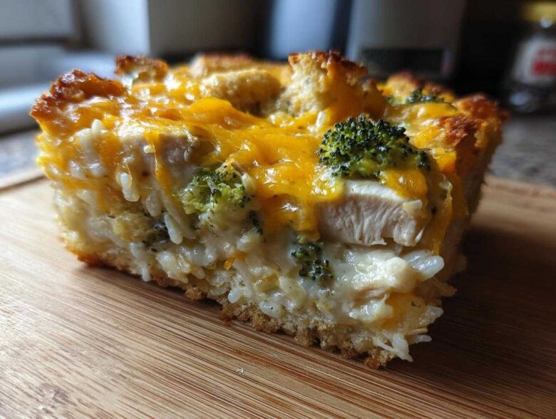 A close-up view of a hearty slice of chicken broccoli rice casserole topped with melted cheddar cheese and croutons.