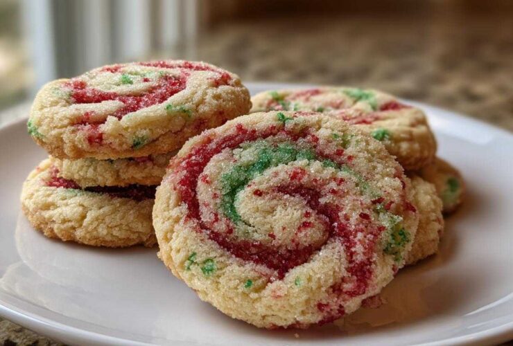 A stack of festive red and green pinwheel cookies rolled in sugar, displayed on a white plate.