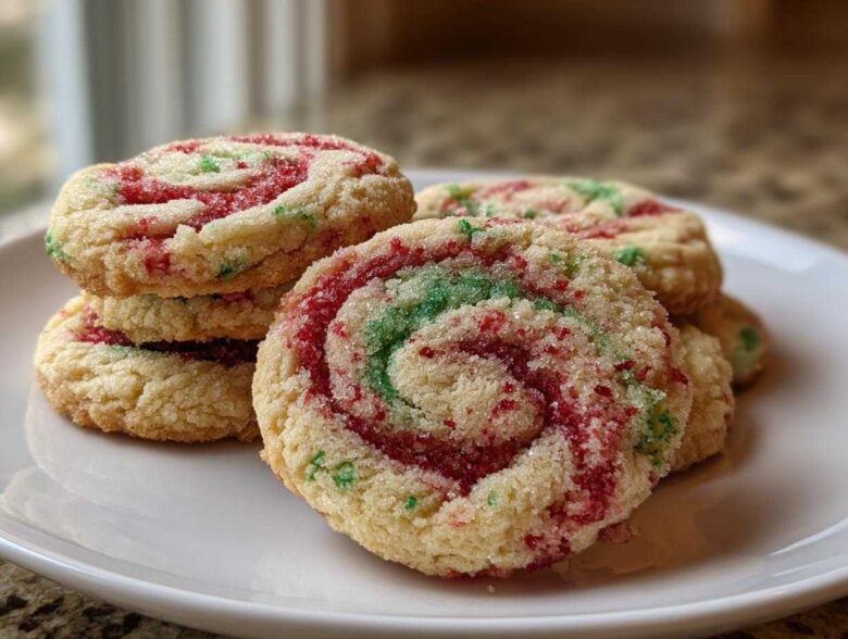 A stack of festive red and green pinwheel cookies rolled in sugar, displayed on a white plate.