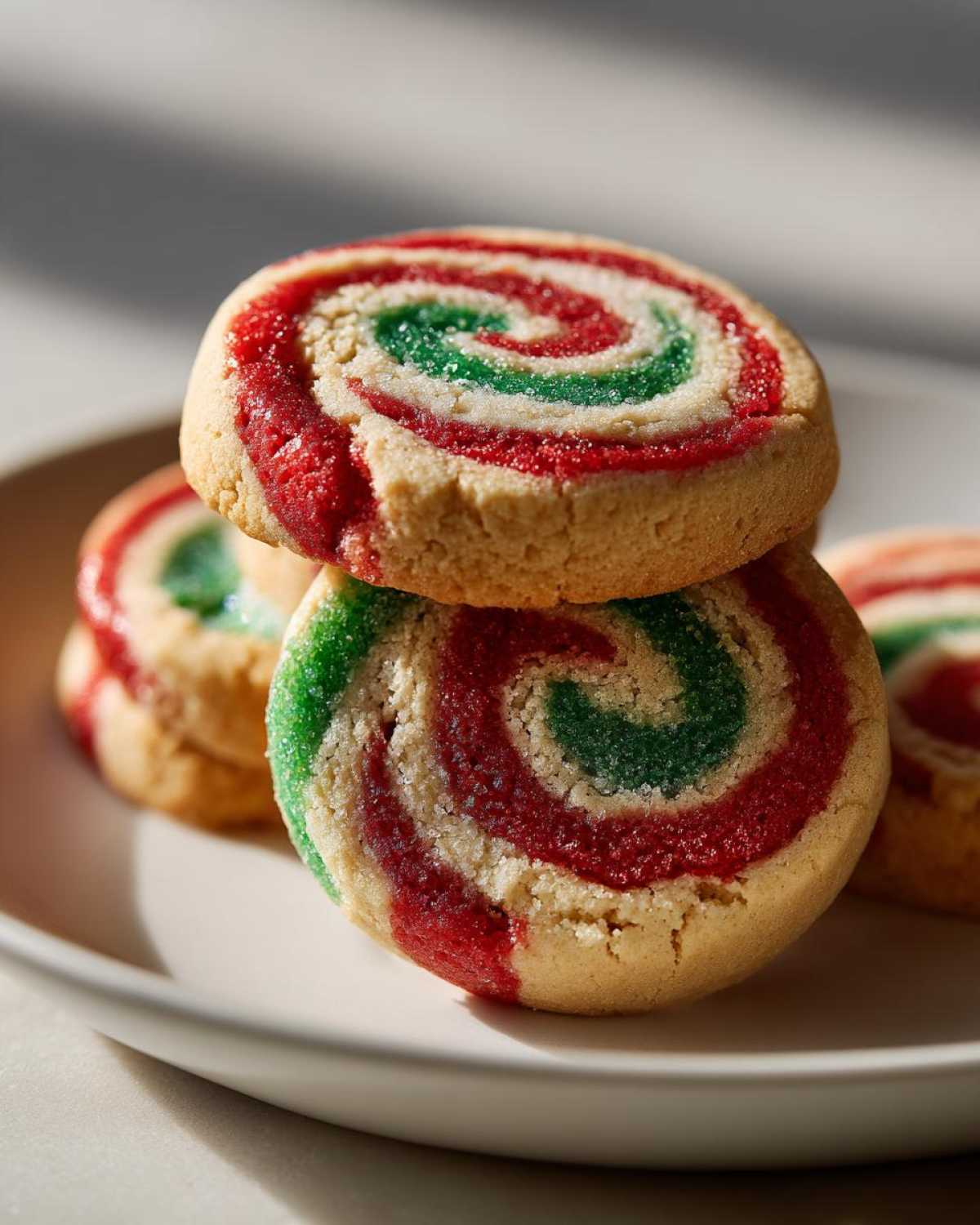 Close-up of stacked, festive red and green pinwheel cookies dusted with sparkling sugar.