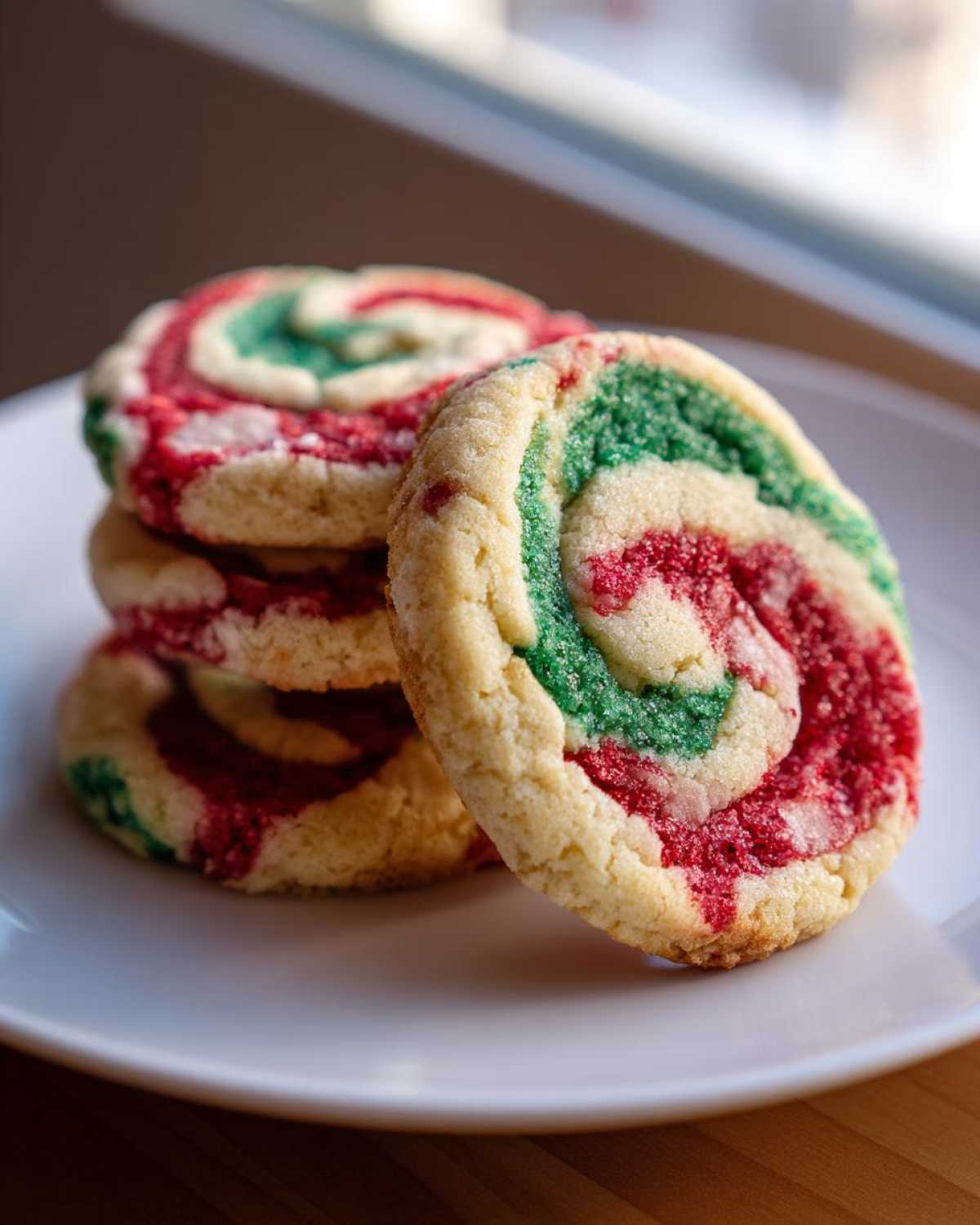 Close-up of stacked red and green pinwheel cookies on a white plate, showcasing the colorful swirl pattern.