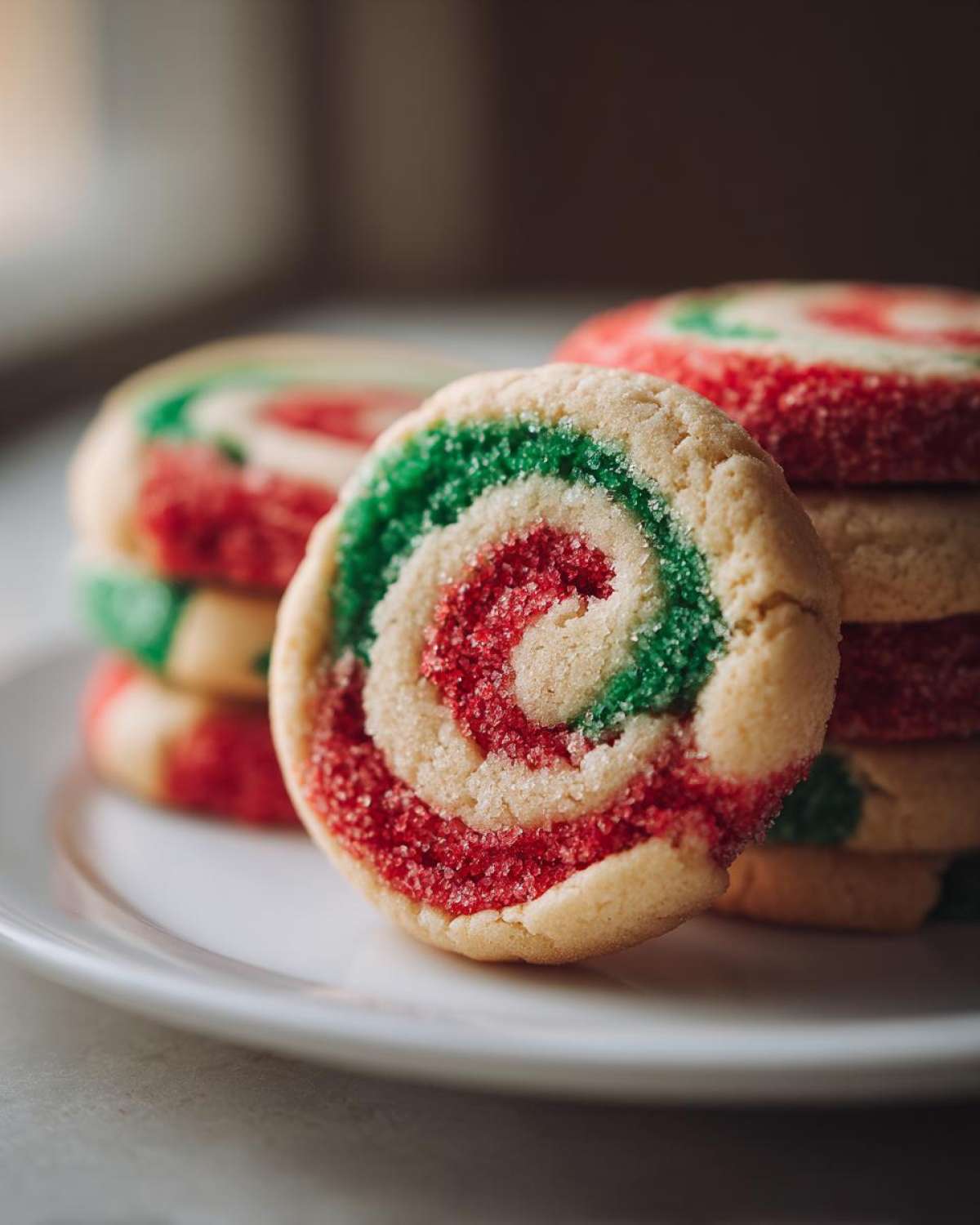 A close-up of a stack of festive red and green pinwheel cookies dusted with sugar on a white plate.