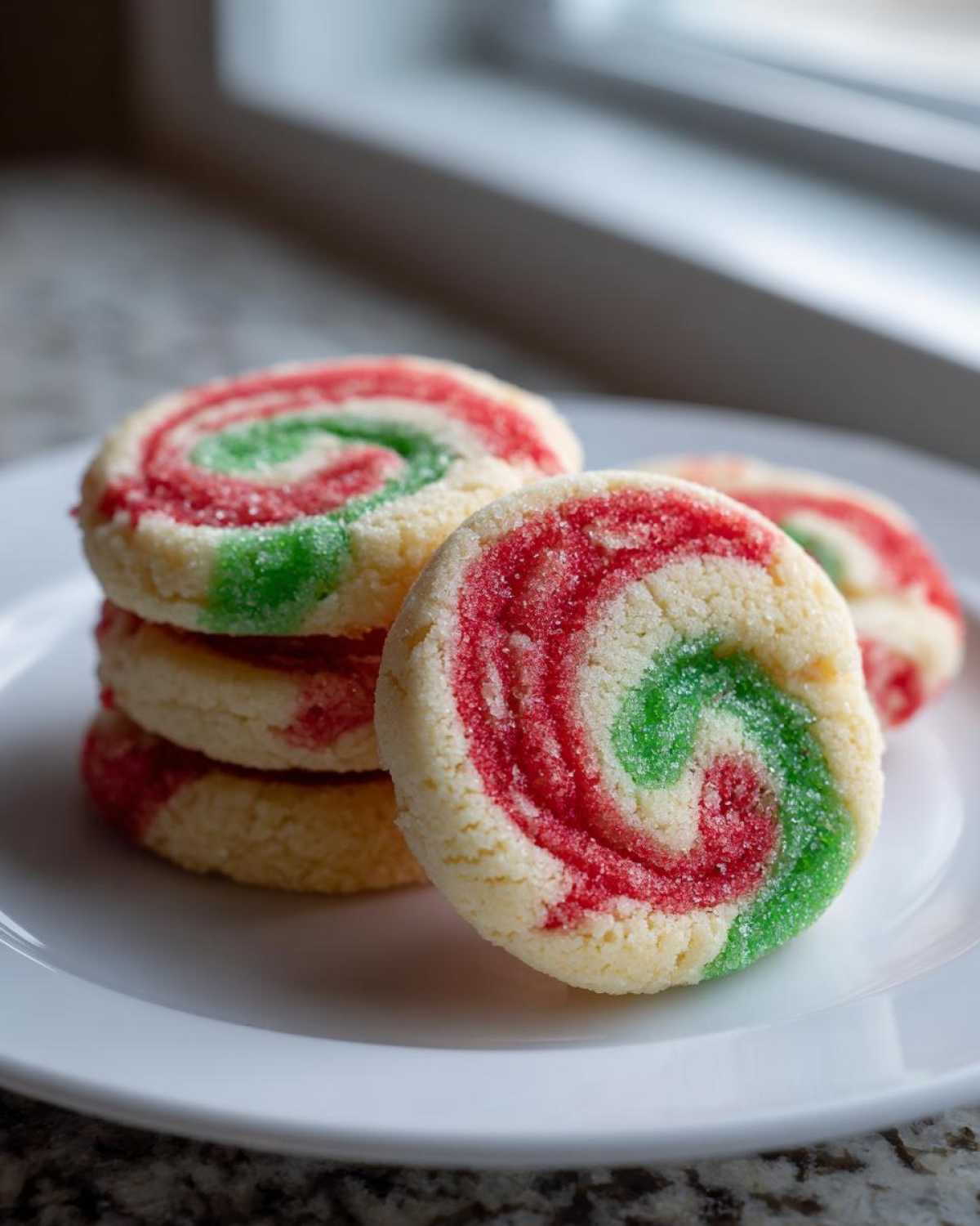 Close-up of delicious red and green swirl pinwheel cookies stacked on a white plate.