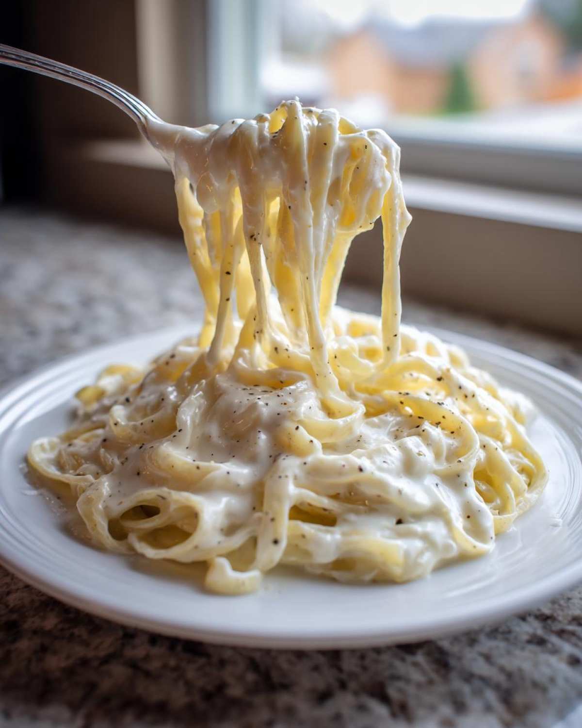Fettuccine pasta being lifted from a plate, heavily coated in creamy homemade alfredo sauce and black pepper.