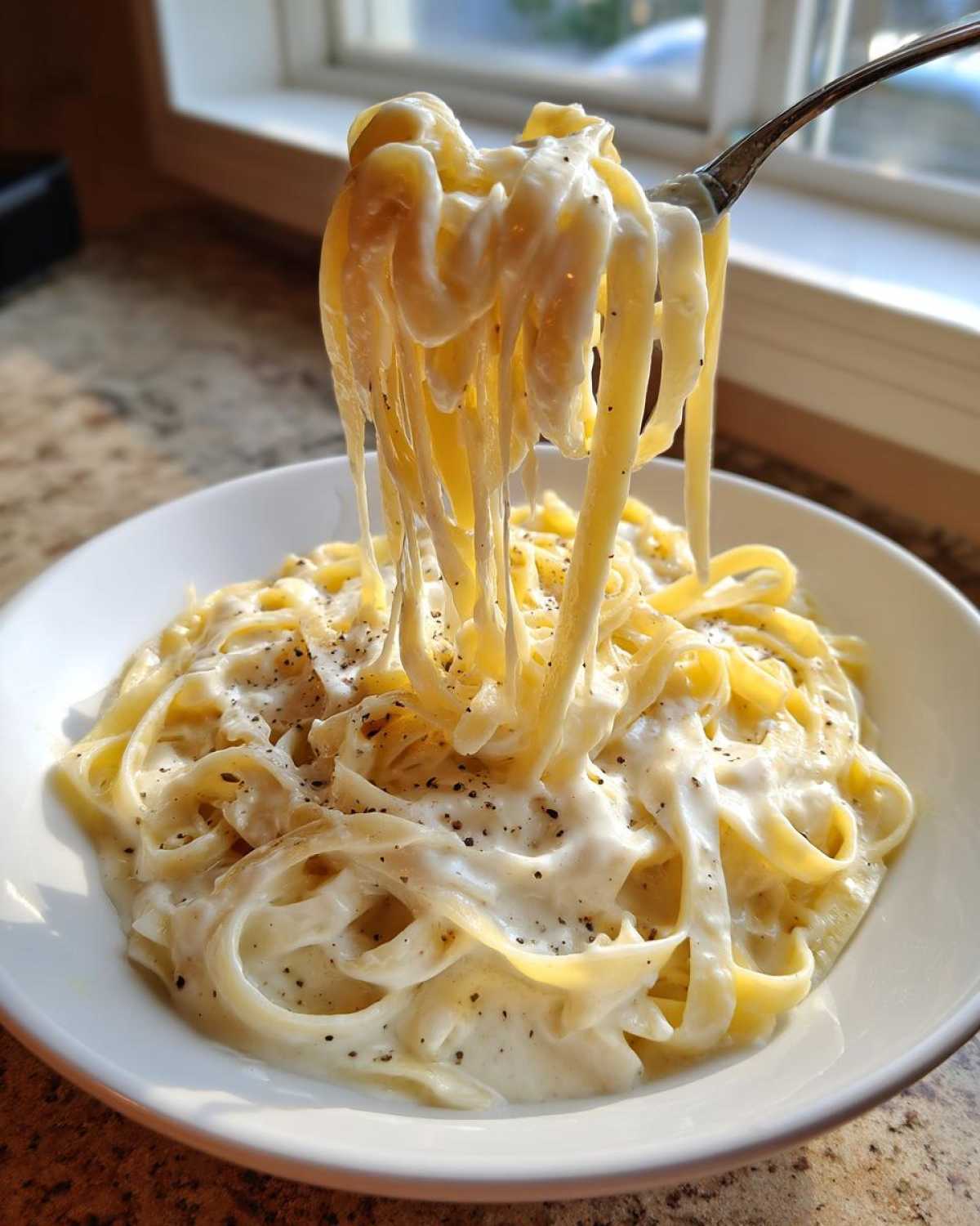 A fork lifts fettuccine noodles coated in rich homemade alfredo sauce from a white bowl.