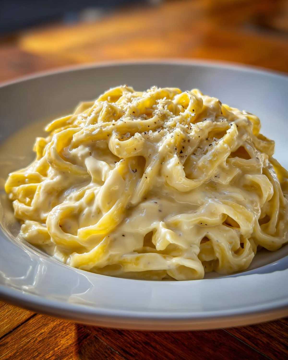 Close-up of fettuccine pasta generously coated in creamy olive garden alfredo sauce, topped with grated cheese and pepper.