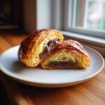 A flaky chocolate croissant cut in half, revealing melted chocolate filling, resting on a white plate.