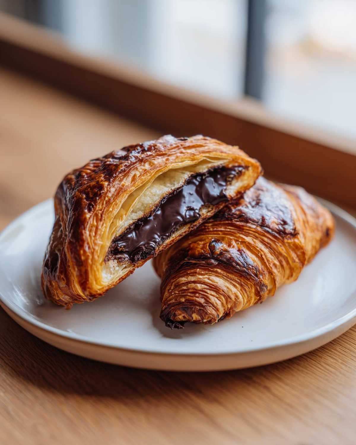 A flaky, golden-brown chocolate croissant cut in half to reveal rich, melted chocolate filling.