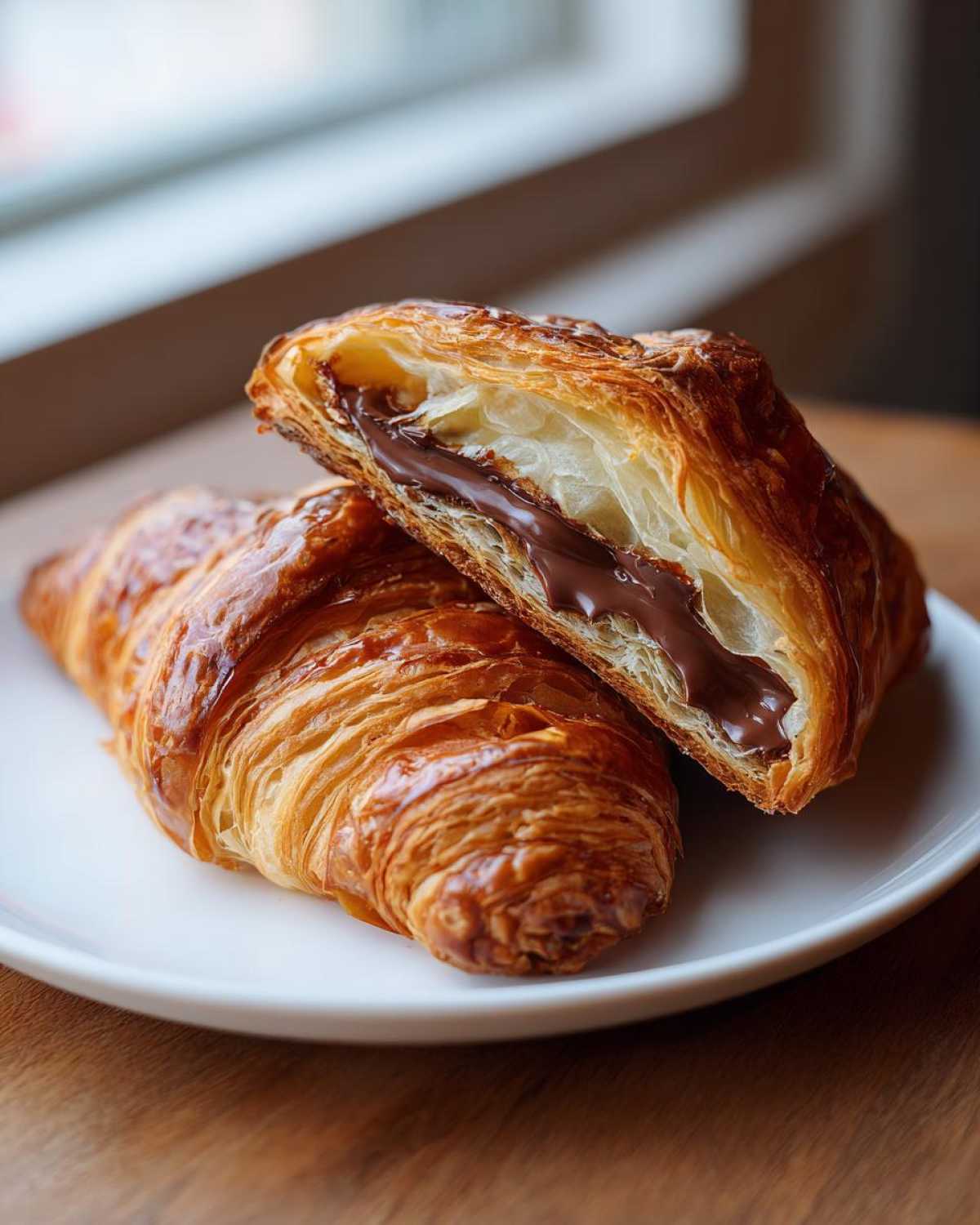 A flaky, golden-brown chocolate croissant cut in half, revealing a rich, melted chocolate filling inside.