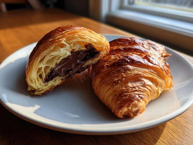 Two golden brown chocolate croissants on a white plate, one cut open to show melted chocolate filling.