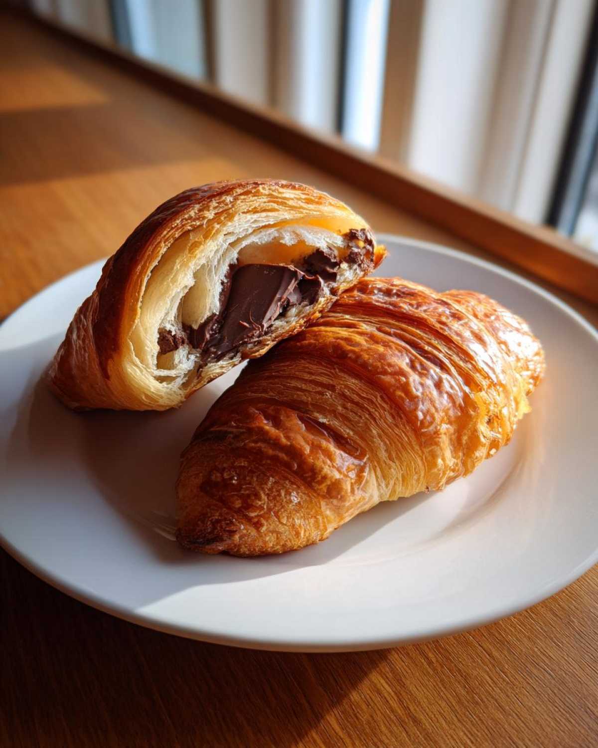 A flaky, golden brown chocolate croissant cut in half revealing rich melted chocolate filling.