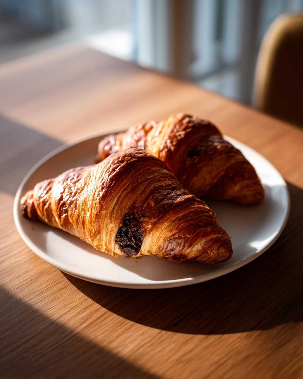 Two golden, flaky chocolate croissant pastries resting on a white plate on a wooden table.