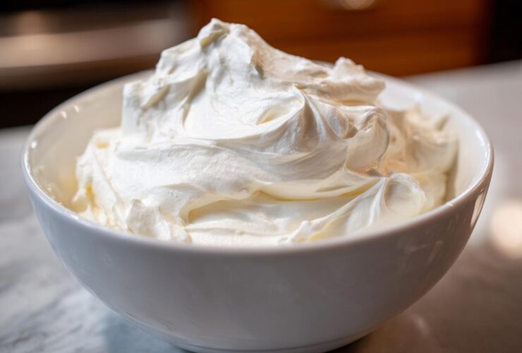 Close-up of thick, bright white, fluffy icing mixture in a white bowl, ready for decorating using the royal icing recipe.