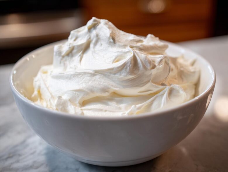 Close-up of thick, bright white, fluffy icing mixture in a white bowl, ready for decorating using the royal icing recipe.