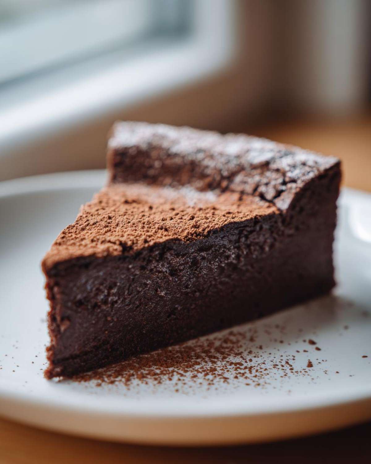 A dense, dark slice of flourless chocolate torte dusted heavily with cocoa powder on a white plate.