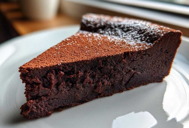 A decadent slice of flourless chocolate torte dusted with cocoa powder and powdered sugar, resting on a white plate.