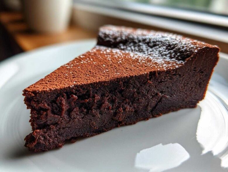A decadent slice of flourless chocolate torte dusted with cocoa powder and powdered sugar, resting on a white plate.