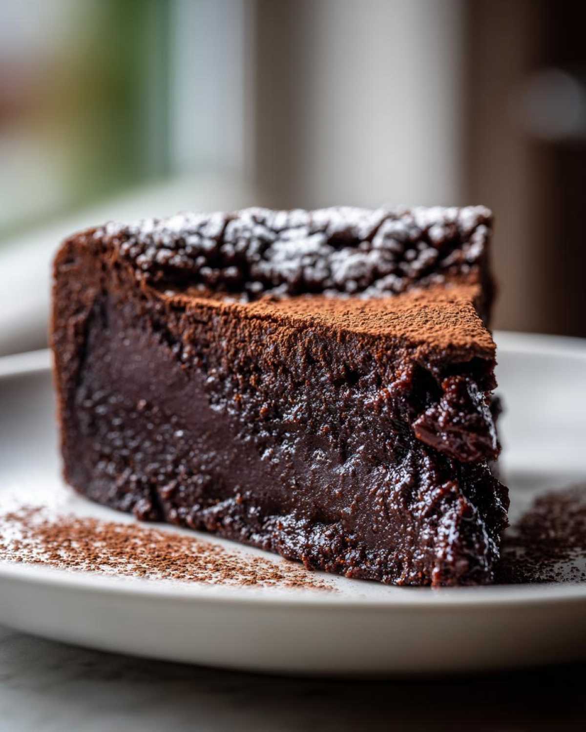A decadent slice of flourless chocolate torte with a dense, fudgy interior, dusted with cocoa and powdered sugar.