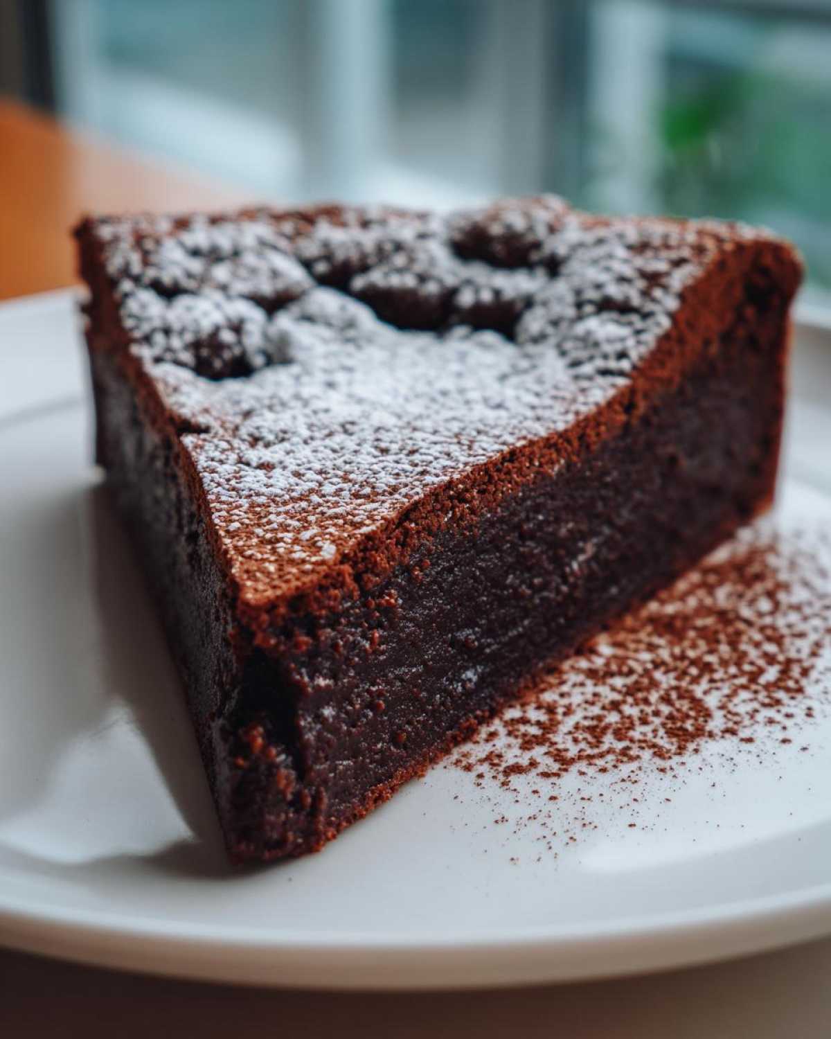 A close-up of a dense, dark slice of flourless chocolate torte dusted heavily with powdered sugar on a white plate.