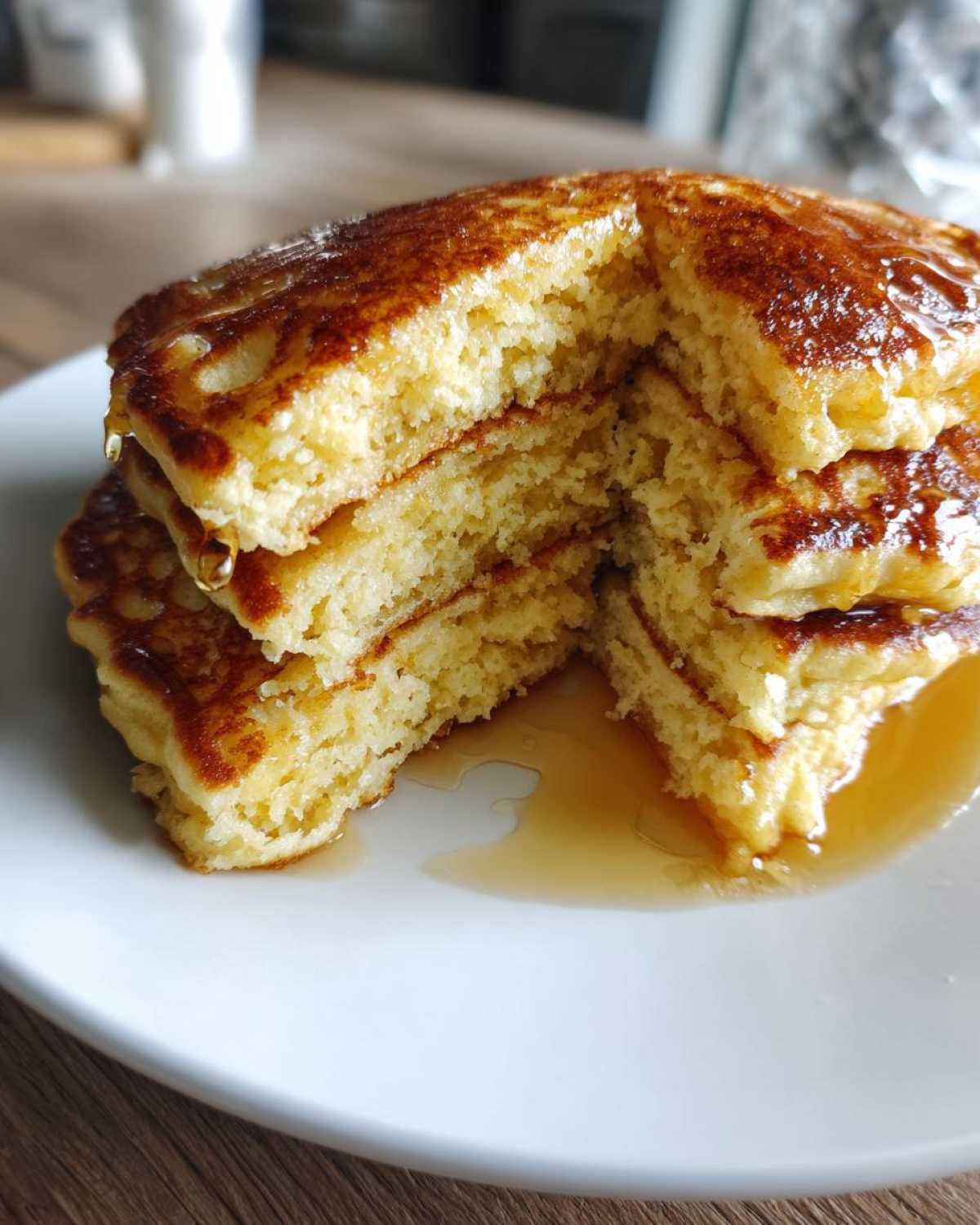 Close-up of fluffy almond flour pancakes stacked and cut, drizzled generously with syrup.