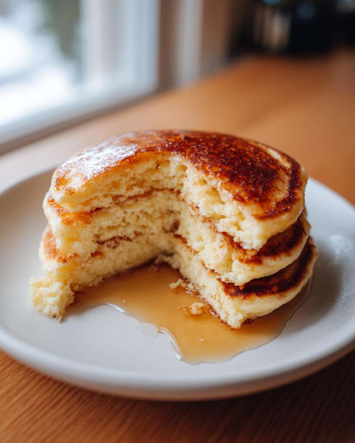 Close-up of a stack of three fluffy almond flour pancakes with a bite taken out, drizzled with maple syrup.