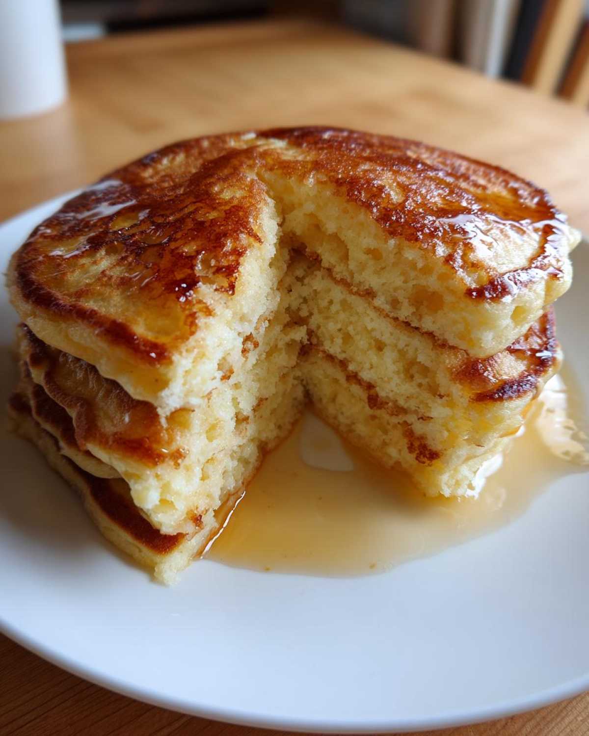 Close-up of a thick stack of fluffy almond flour pancakes cut open, drizzled generously with syrup.
