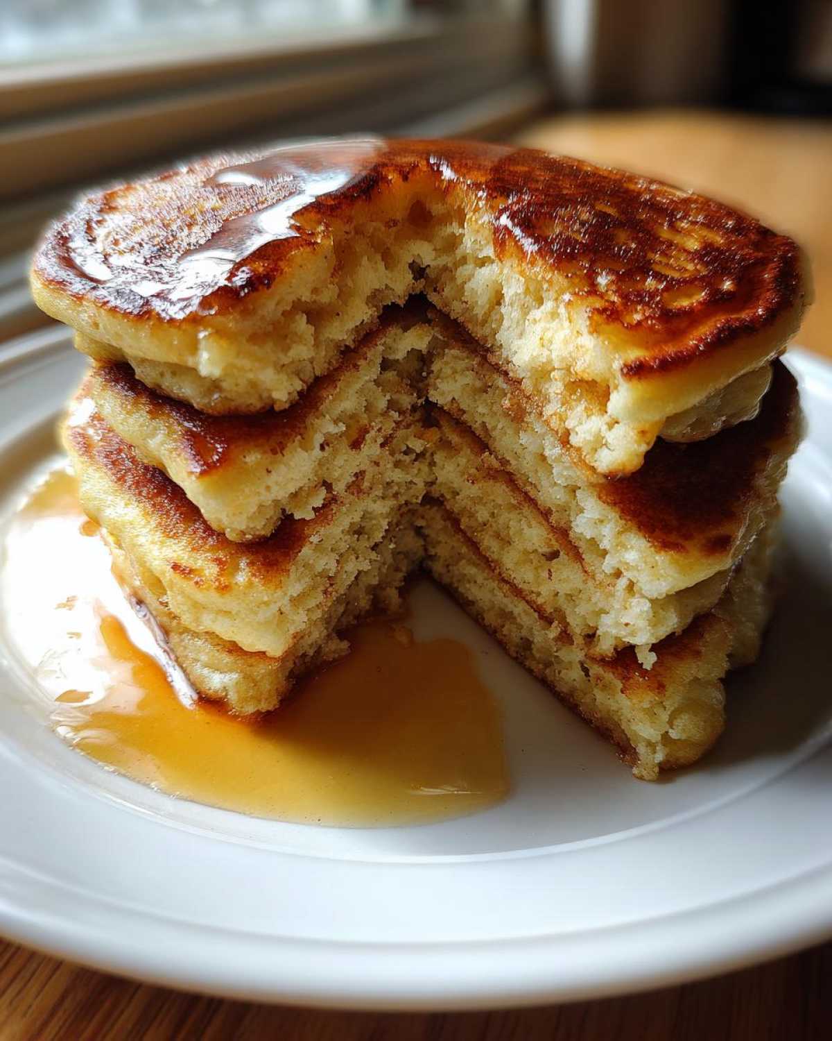 A close-up of a fluffy stack of almond flour pancakes with a bite taken out, drizzled generously with maple syrup.