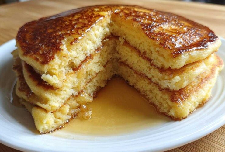 Cross-section view of a stack of fluffy almond flour pancakes drizzled generously with maple syrup.