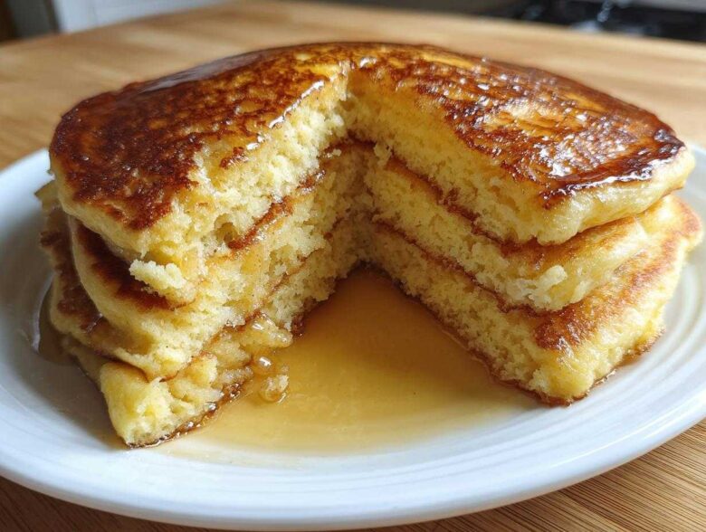 Cross-section view of a stack of fluffy almond flour pancakes drizzled generously with maple syrup.