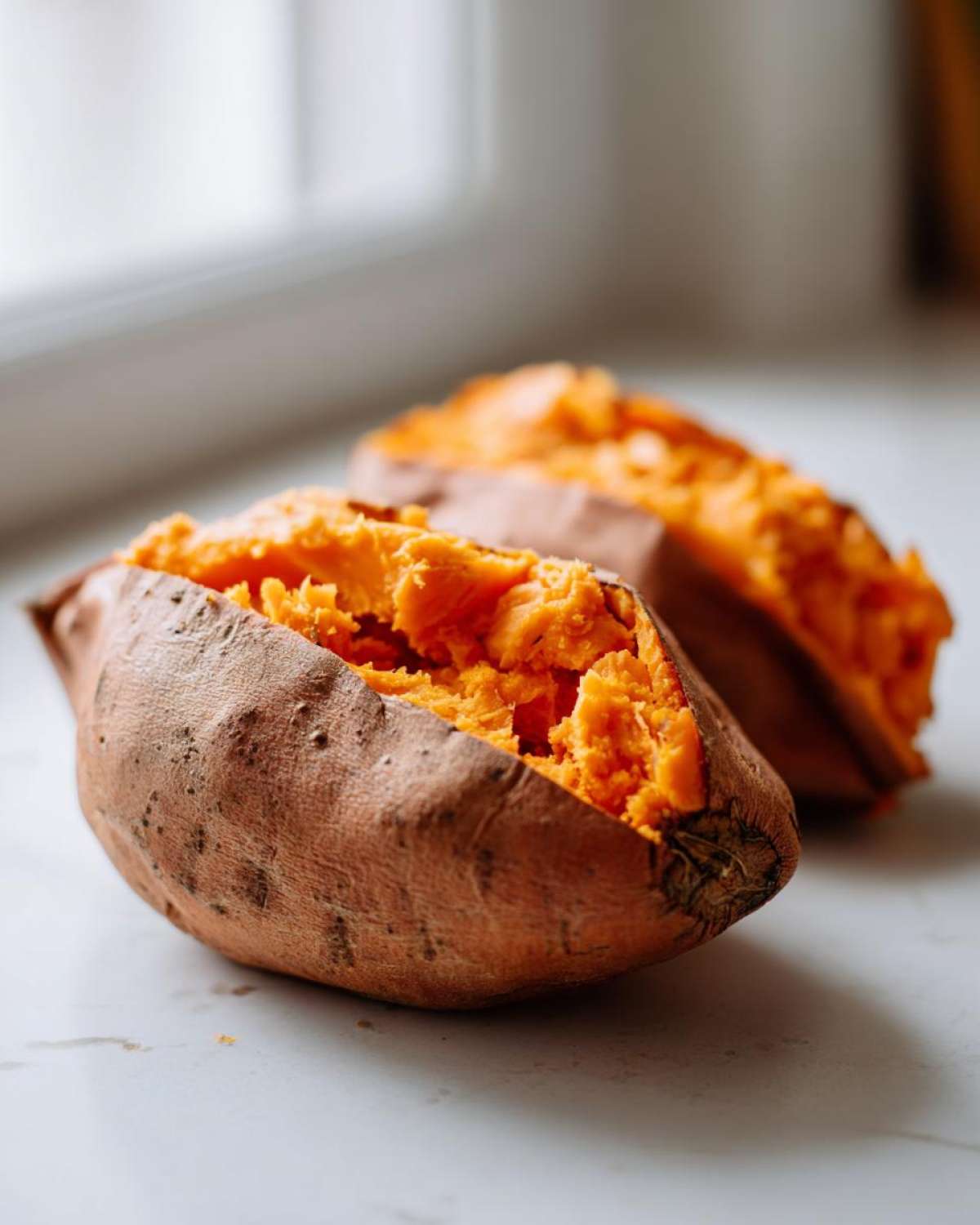 Close-up of a perfectly baked sweet potato split open, showing the bright orange, fluffy interior.