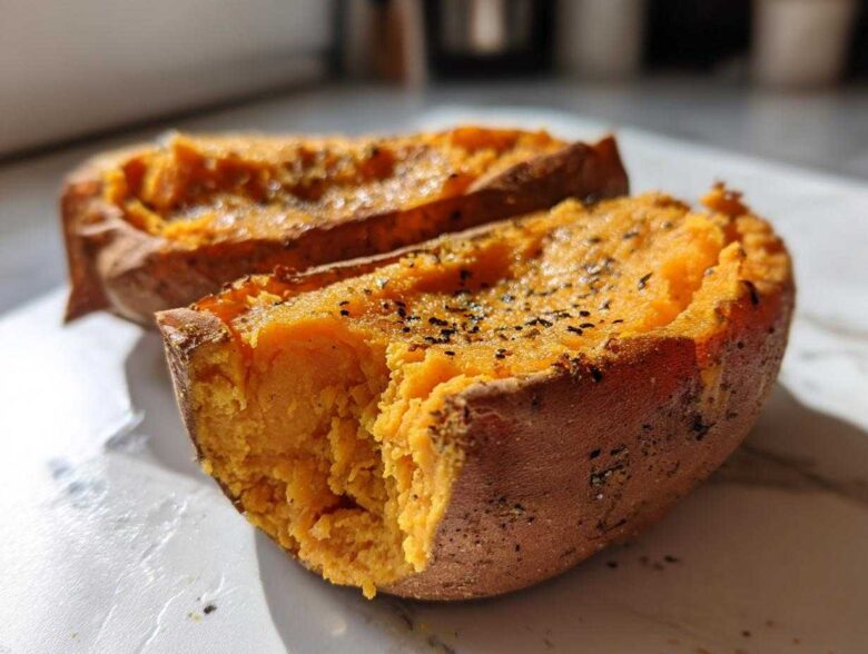 Close-up of a perfectly baked sweet potato cut in half, showing the fluffy orange interior seasoned with pepper.