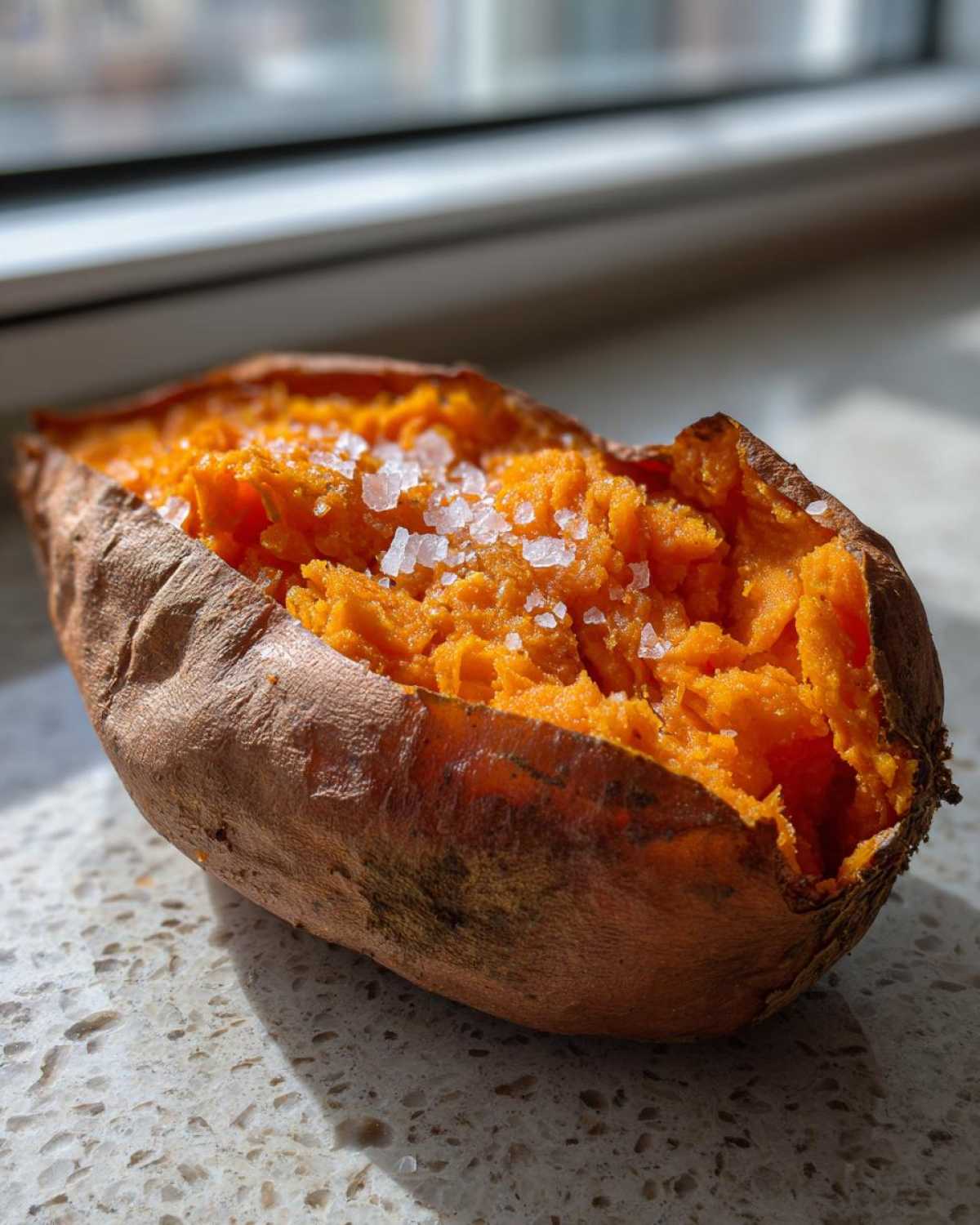 A close-up of perfect baked sweet potatoes, split open and topped with coarse sea salt crystals.