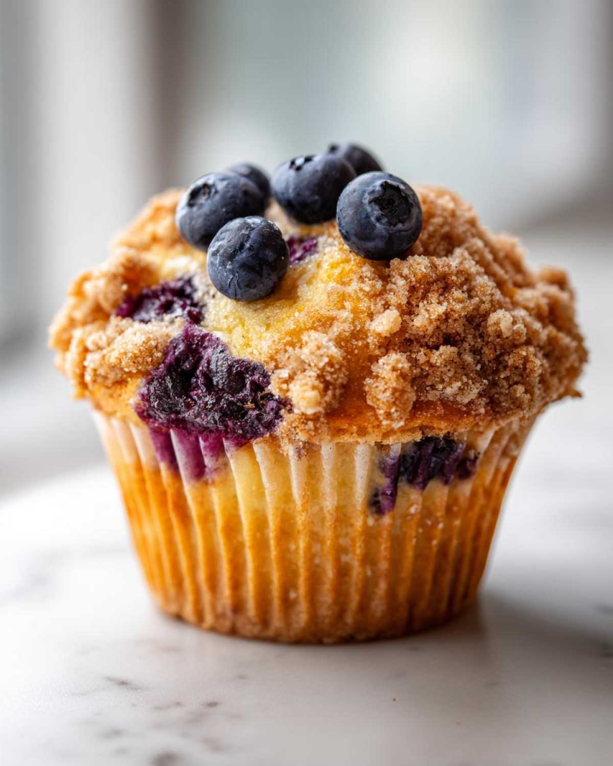 A close-up of a perfectly baked, fluffy blueberry muffin topped with streusel and fresh blueberries.