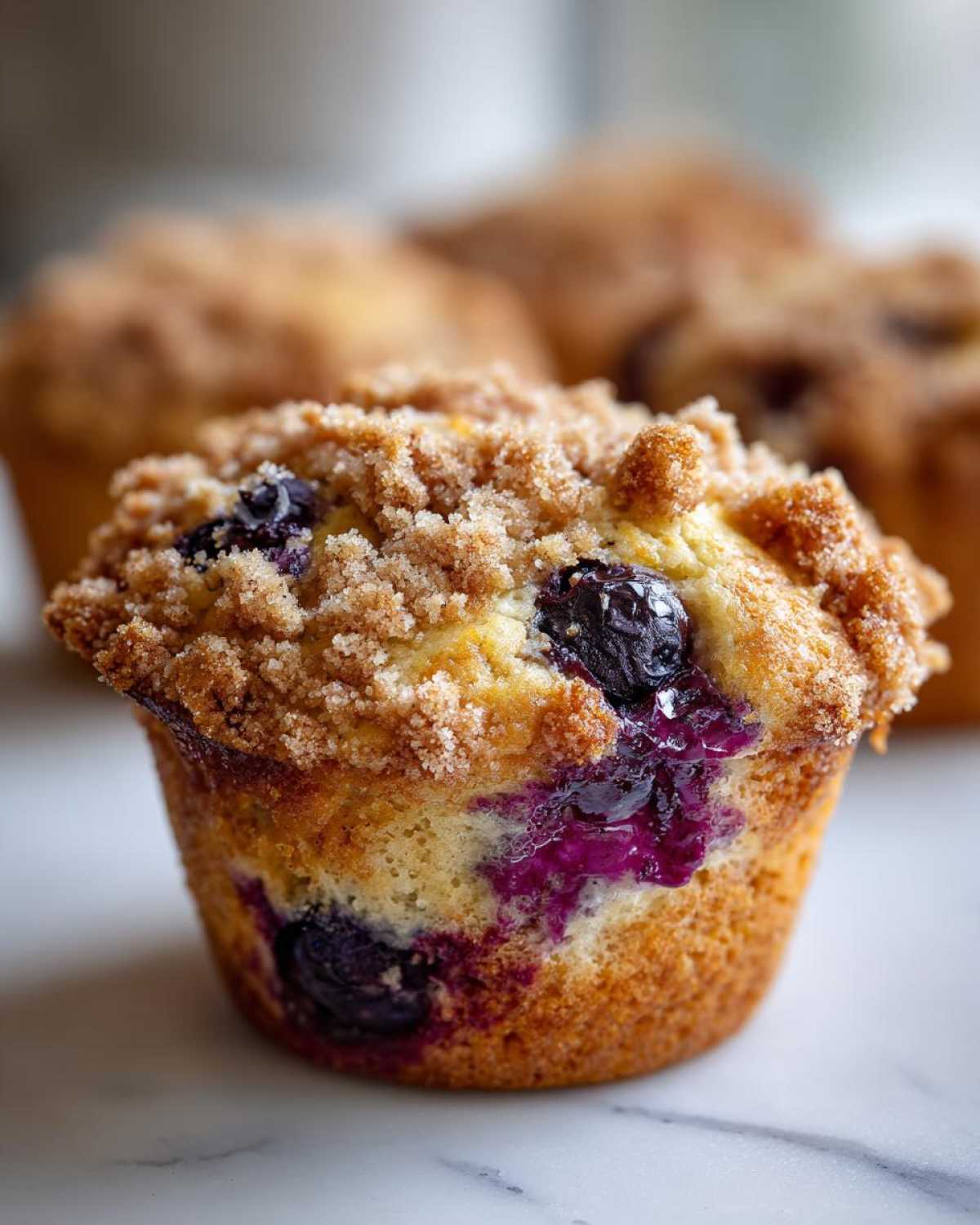 Close-up of a perfectly baked blueberry muffin featuring a golden crumb topping and burst blueberries.