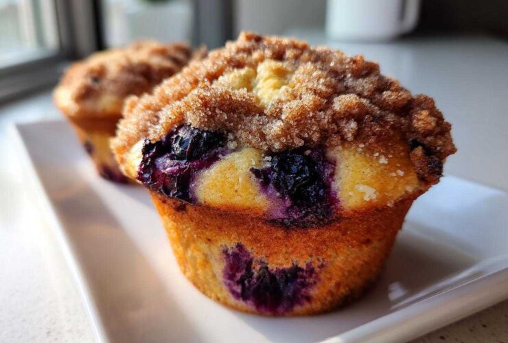Close-up of a fluffy blueberry muffin featuring a rich cinnamon streusel topping and bursting blueberries.