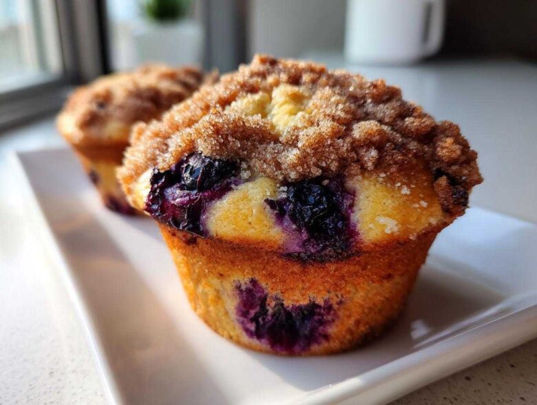 Close-up of a fluffy blueberry muffin featuring a rich cinnamon streusel topping and bursting blueberries.