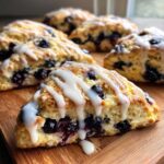 Close-up of a fluffy blueberry scone drizzled with white vanilla glaze, sitting on a wooden board.