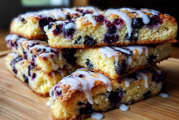 A stack of freshly baked blueberry scones drizzled generously with white vanilla glaze.