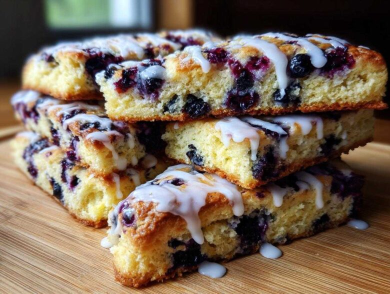 A stack of freshly baked blueberry scones drizzled generously with white vanilla glaze.