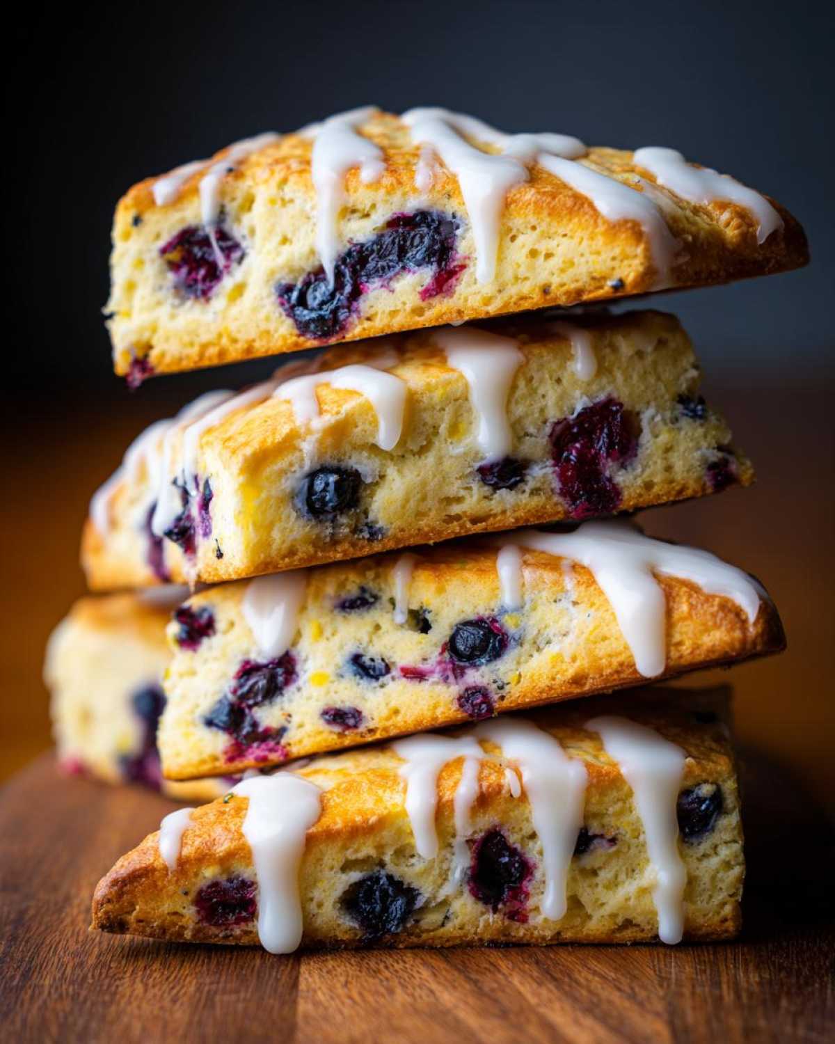 A vertical stack of four fluffy blueberry scones drizzled generously with white vanilla glaze.