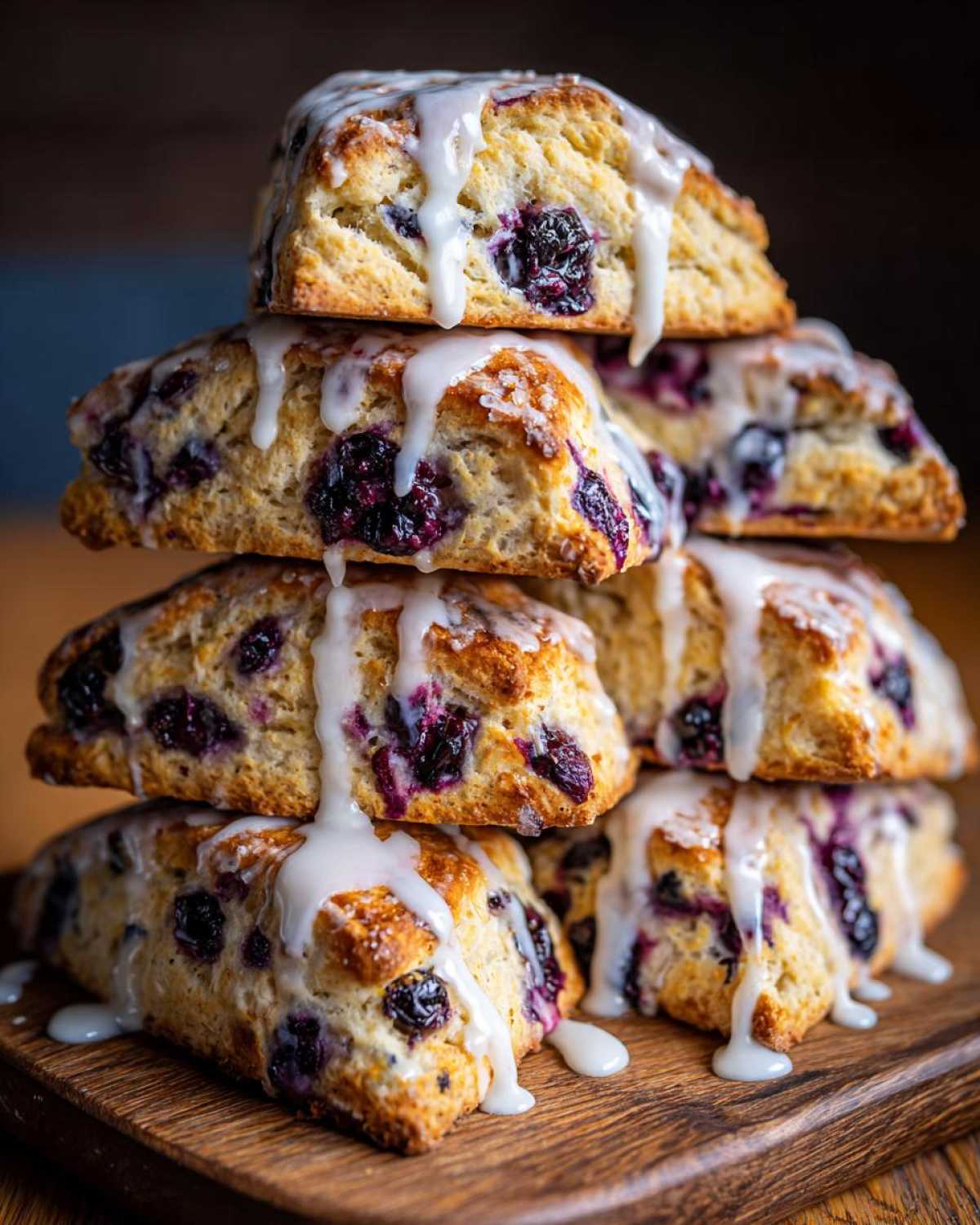 A stack of freshly baked blueberry scones generously drizzled with white vanilla icing.