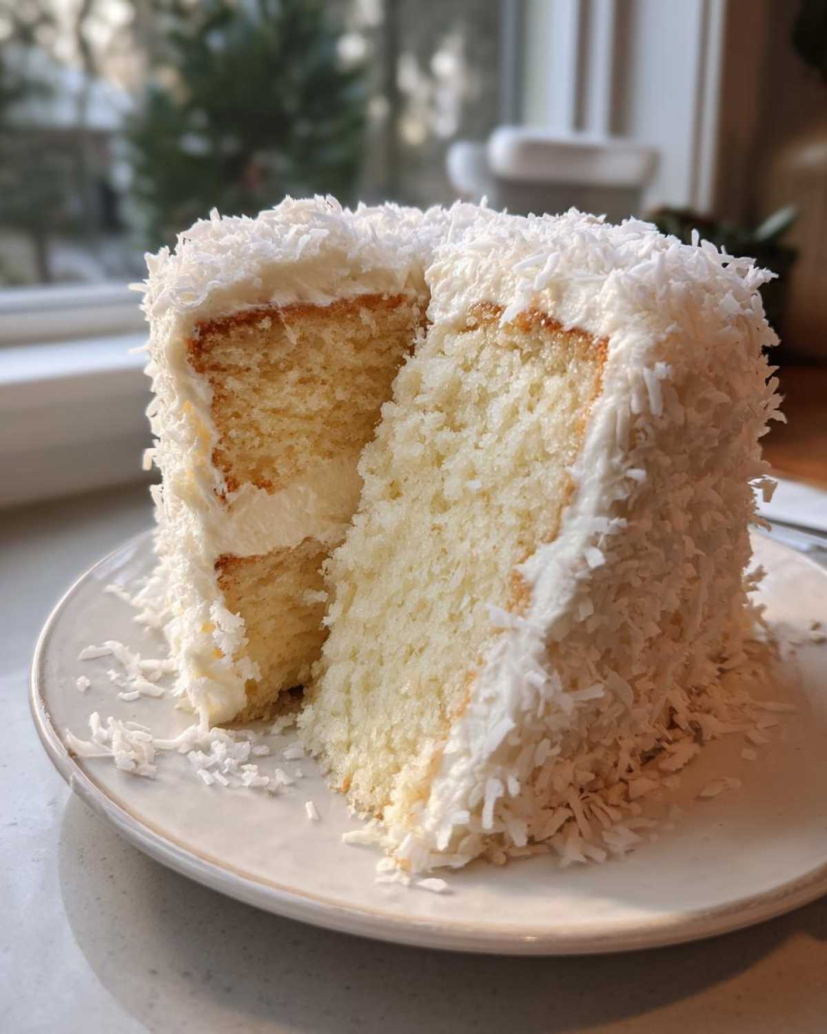 A slice removed from a small, fluffy coconut cake covered in white frosting and shredded coconut.