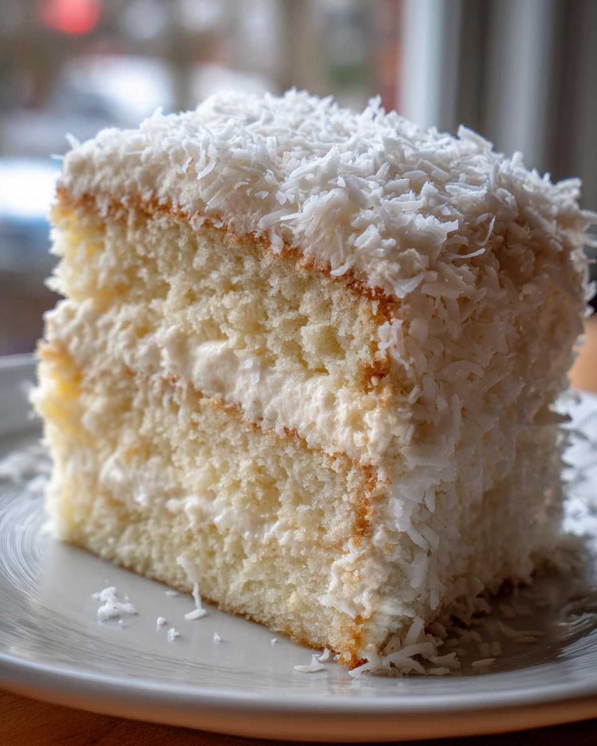 Close-up of a moist slice of fluffy coconut cake layered with frosting and covered in shredded coconut.