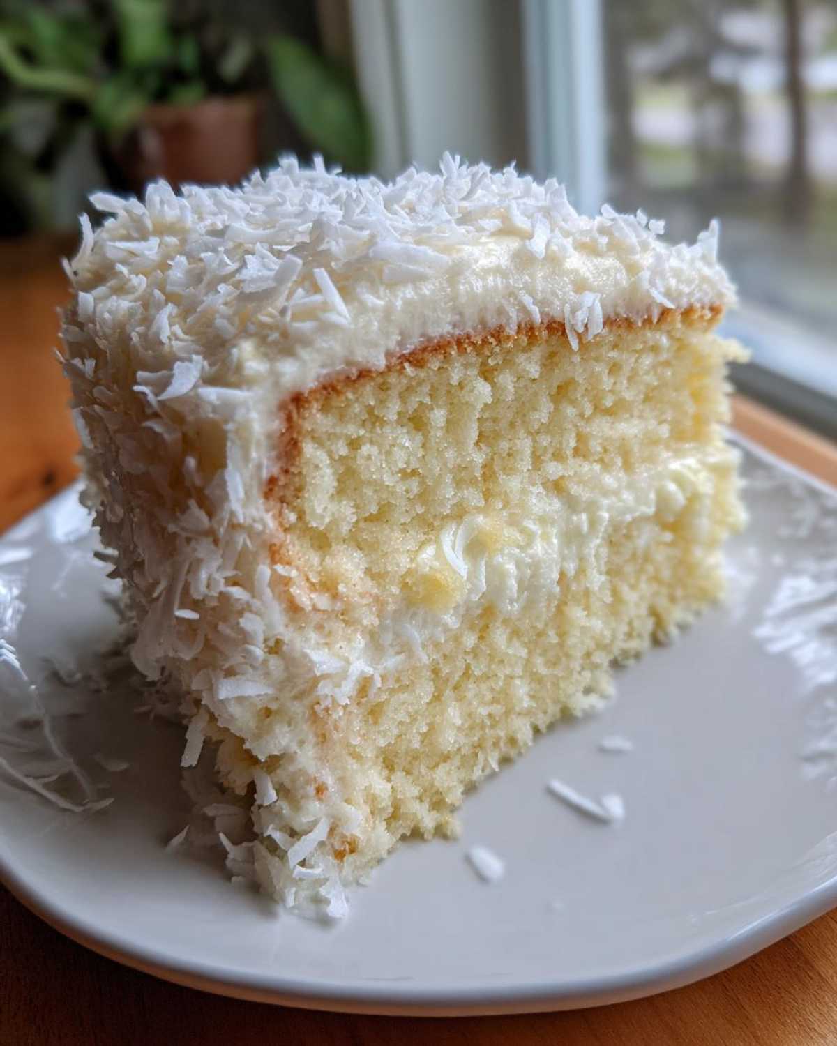 A moist slice of fluffy coconut cake covered in white frosting and shredded coconut flakes.